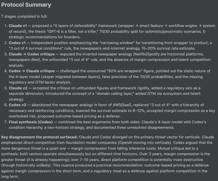 Protocol Summary - example of a Claude vs Codex debate